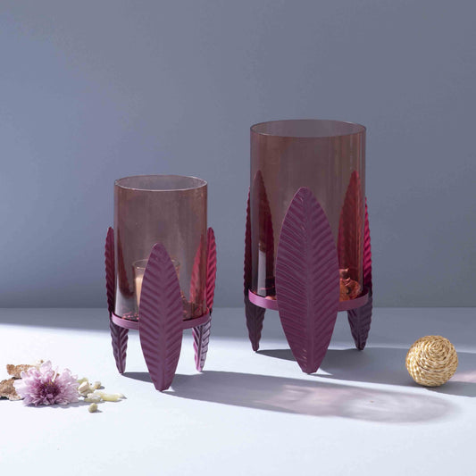 Heather-Toned Iron Candle Stand with Leaf Motif