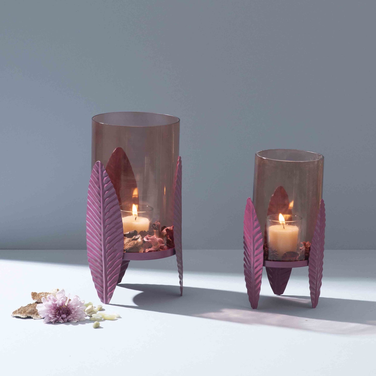 Heather-Toned Iron Candle Stand with Leaf Motif