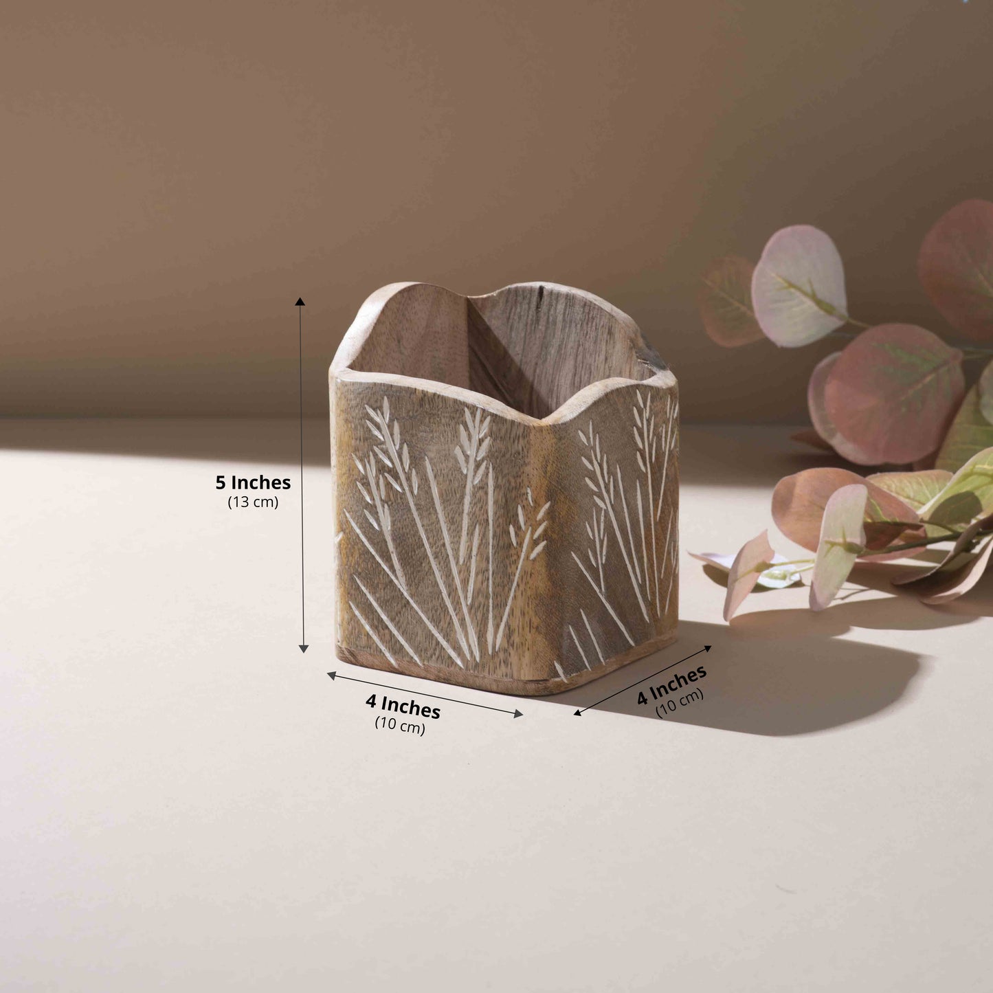 Rustic Leaf-Engraved Wooden Spoon Holder